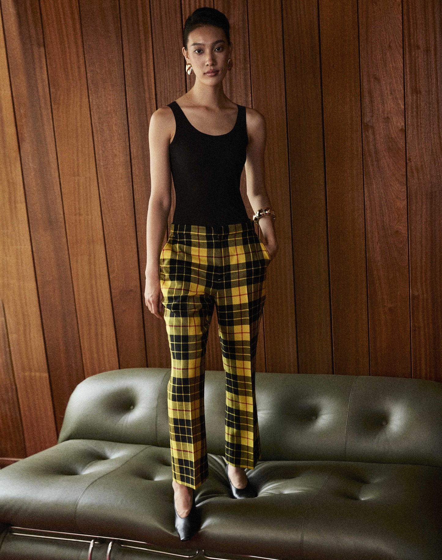 Plaid-check Cropped Flared Pants